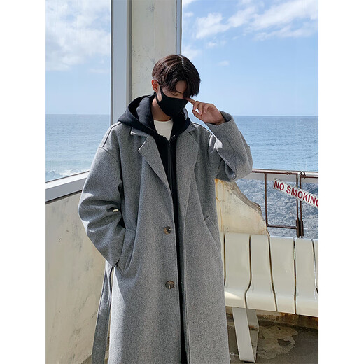 Shelley Jones fake two-piece woolen coat men's mid-length autumn and winter new style detachable hooded loose quilted windbreaker jacket black L recommended 115-140Jin Jin equals 0.5 kg