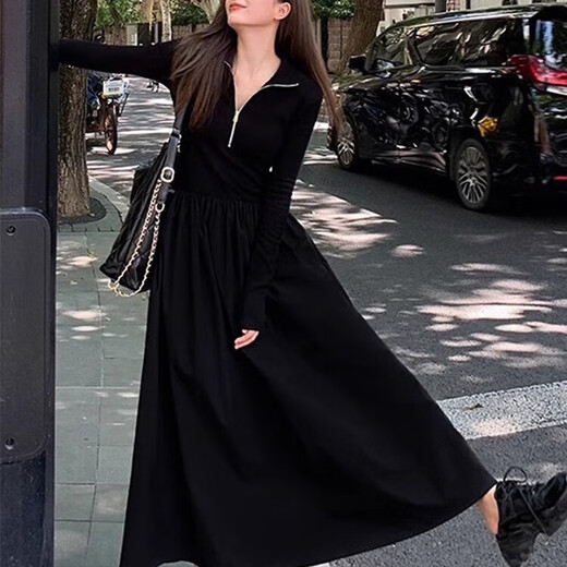 Miao Yijia Dress Women's Autumn Women's Skirt Knitted New High-end Long Skirt with Coat French Waist Slimming Black Zipper Long Sleeve A-Line Hepburn Style Dress XL Recommended 105-120 Jin Jin is equal to 0.5 kg