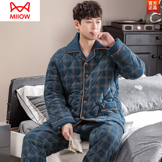 
Catman (MiiOW) pure cotton three-layer thickened cotton winter men's pajamas cotton jacket autumn and winter men's large-size home clothing set skin-friendly AA9215-three-layer thickened cotton-all cotton 190(XXXXL height 185-190 weight 200-