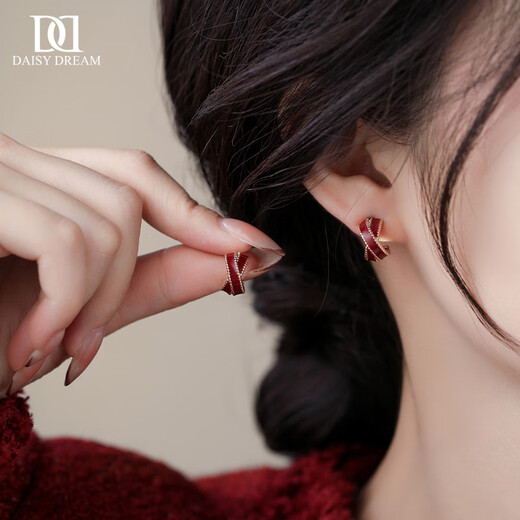 DAISY DREAM925 Silver Needle Cross Earrings Women's Light Luxury High-Quality Light Luxurious Red Earrings 2025 New Versatile Temperament Earrings S925 Silver Needle Red Cross Earrings