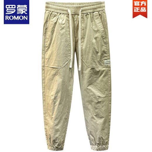 ROMON Summer Soft Nine-Crispy Pants Men's New Drawstring Ties Trendy Loose Harren Sports Men's Pants Apricot Color Cotton Soft Comfort M 90-120Jin[Jin equals 0.5 kg]