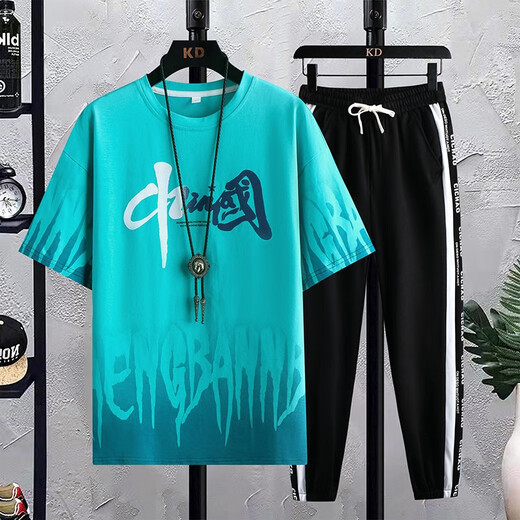 
GEGUSEN (GEGUSEN) teenager short-sleeved T-shirt boy 12-15 years old junior and senior high school students pure cotton clothes big children handsome sports suit trend TZ683 light coffee (short sleeves + long trousers) L (98-110Jin [Jin equals about 0.5 kg])