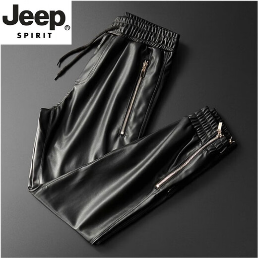 JEEP SPIRIT pilot winter casual leather pants men's velvet thickened motorcycle jogging slim leg pants harem pants loose black size 33 waist 2.6 feet 135-145 Jin [Jin equals 0.5 kg]