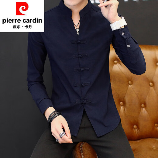 Pier Cardin men's shirt long-sleeved spring and autumn Tang suits, Chinese stand-up collar jacket, Chinese style casual shirt, men's clothing, white 9905 stand-up collar shirt, M