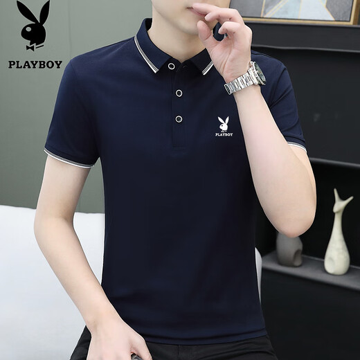 花花公子新款纯棉男士polo衫短袖高端休闲时尚翻领修身夏季t恤男 847藏青 XL 建议125-140斤