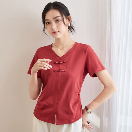 Magischer chinesischer Stil falten kurzärmeliges T-Shirt mit V-Ausschnitt für Frauen im Sommer Neues T-Shirt-vielseitiges Retro-Top für Frauen 9893 Brick Red L (110-120jin [Jin entspricht ungefähr 0,5 kg])