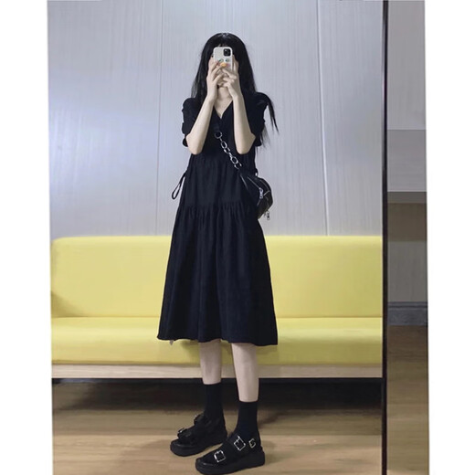 Jingqi maternity dress Hepburn style small black skirt French temperament Korean version summer maternity dress summer maternity dress black-short-sleeved summer Jly65868 XL
