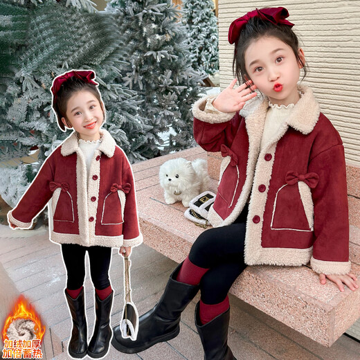 Qiyuxin children's clothing girls velvet jacket winter children's cotton coat 2025 new girl baby warm quilted jacket coat velvet red coat 140 (suitable for height 130-140cm)