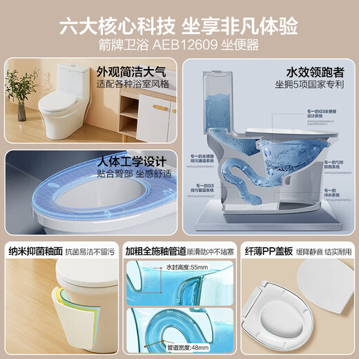 ArROW Bathroom Large Impact Jet Siphon Anti-odor and Water-saving Toilet Household Reducing Cover Plate Joint Pumping Toilet [T32 Engineering Race 12609 305/300mm