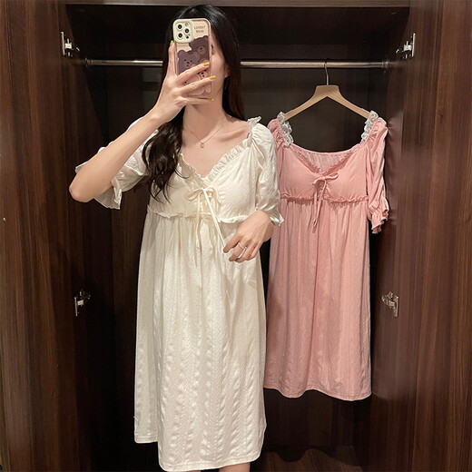 
Xiangyaxin nightgown for women in summer with chest pad new short-sleeved pajamas sweet princess style loose and can be worn outside in mid-length home clothes 3888 meters white M