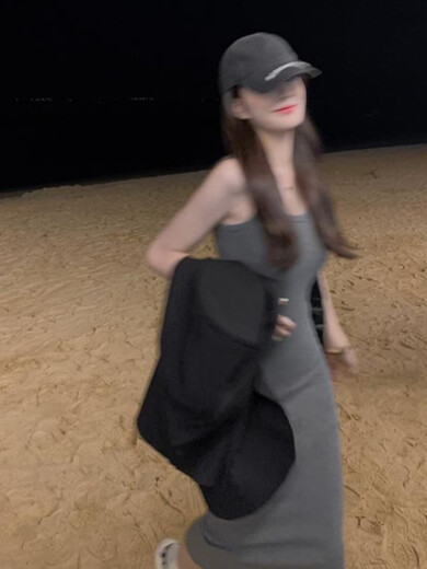 GUOCILRN Gray Vest Dress Women's Summer Knitted Suspender Skirt Small Long Skirt Design Niche Slim Fit Hip Skirt Gray S