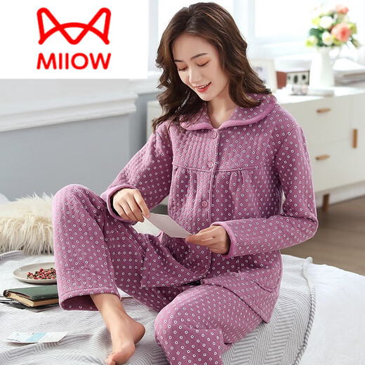 猫人（MiiOW）秋冬季全棉空气棉夹层睡衣女加厚纯棉长袖三层厚款夹棉家居服套装 6169 XXL