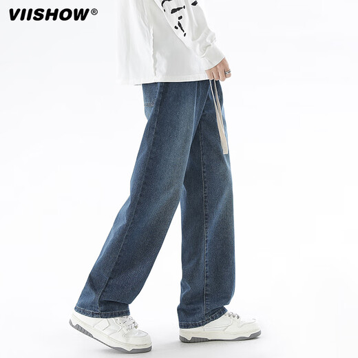 Viishow washed jeans men's simple retro casual loose versatile straight trend brand cleanfit wide leg work pants black 2XL