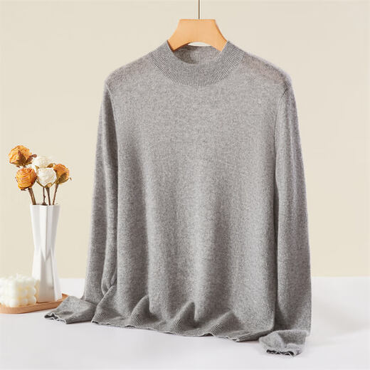 Jinju 100% Cashmere Bottoming Sweater Solid Color Fashionable Warm Half Turtle Collar Women's Cashmere Sweater Medium Gray L