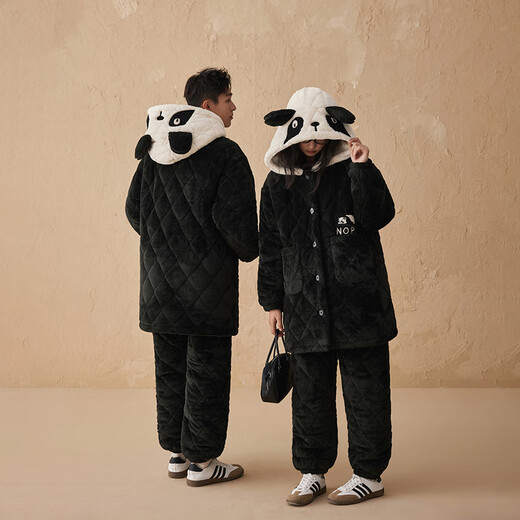 Kissing cat cartoon hooded warm velvet couple quilted pajamas for women winter three-layer thickened men's suit home clothes 188 jet black male L