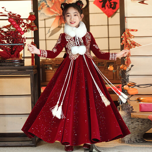 
Meow Camel Girls Ancient Costume Han Clothing Winter Year of Dragon New Year New Year New Year greetings winter Chinese style Tang Dynasty Girls Long Dress 9855 Red Fur Collar 170cm