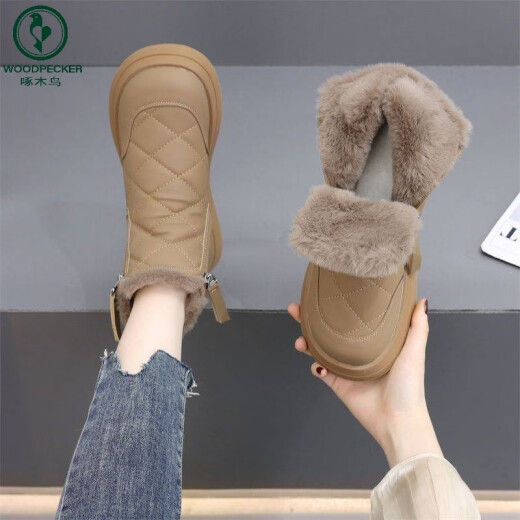 Spechtschnee Stiefel Frauen Winter 2024 Neues Fleece verdickte Nordost-Baumwollschuhe wasserdichte und gleitende warme Kurzstiefel Khaki plus Fleece warm [weibliche Schießen großer Größe] 41 [kostenlose Versicherung]