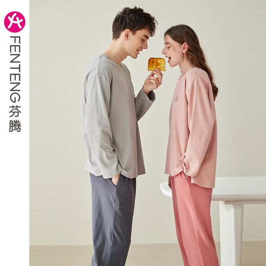 Fenton Couple Pajamas Women's Autumn Pure Cotton Spring and Autumn Men's Cotton Large Size Home Clothes Light Gray (Male) XL Recommendation Female 125-145, Male 140-165 Jin Jin equals 0.5 kg
