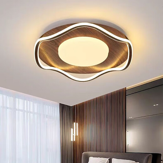 Qianzhang Lamp 2024 New LED Ceiling Lamp New Chinese Style Bedroom Room Warm Wood Grain Aisle Balcony Study Room Zhongshan Lamp Full Spectrum Walnut Color - Wave Round 50CM Three Color Dimming (No Remote Control)