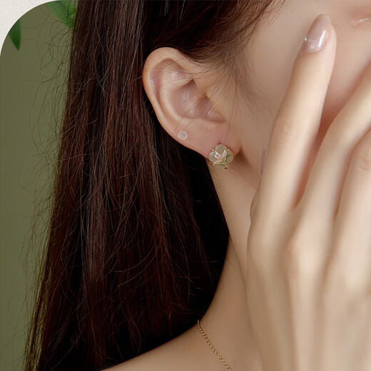 Jianlu Orchid Four-leaf Clover Hotan Jade Silver Earrings Feminine Earrings Jewelry Mother's Birthday New Year's Gift for Mom