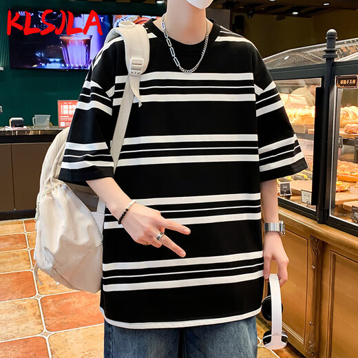 KLSJLA撞色条纹短袖男夏季冰丝凉感t恤男半袖上衣青少年港风休闲体恤衫T T9226白色 L (约110-140斤可穿)