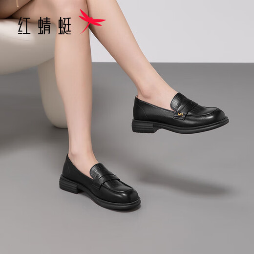 红蜻蜓乐福鞋女春秋季英伦风方头软底单鞋女方跟皮鞋女WLB14137 黑色 38