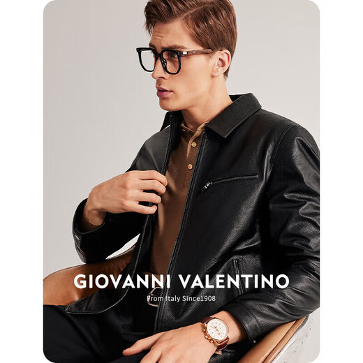 卓凡尼·华伦天奴（GIOVANNI VALENTINO）休闲男士真皮皮衣外套头层牛皮翻领夹克 黑色 2X（185/104A）