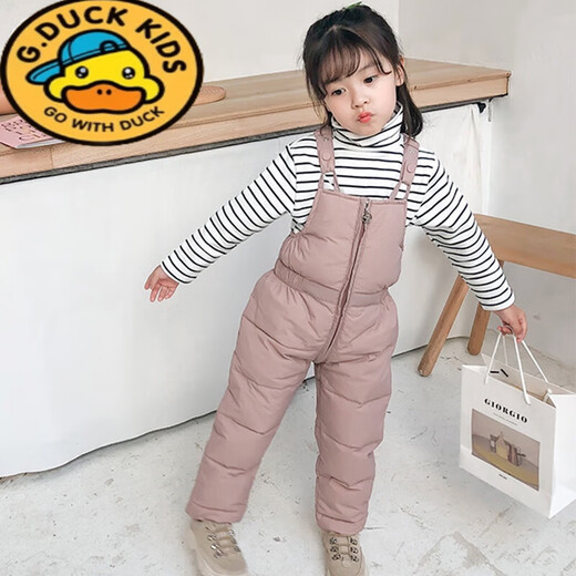 G.duck children's down cotton overalls autumn and winter thickened cotton pants for boys and girls baby open jumpsuit baby trousers trendy pocket red 100 (recommended height 85CM)