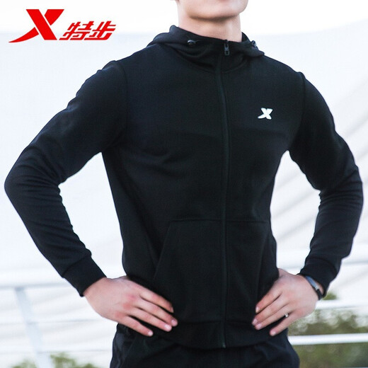 特步卫衣男装运动外套男2025春夏新款防风纯色夹克男舒适休闲长袖 黑-9276（连帽） M