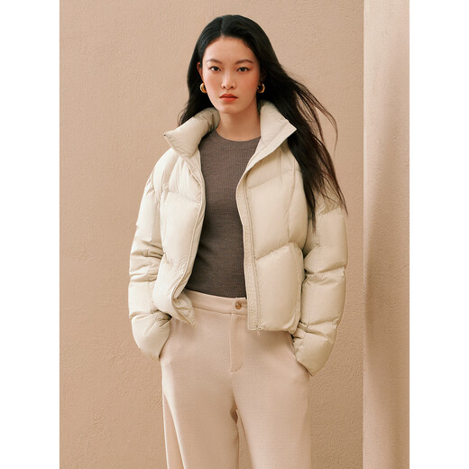 PEACEBIRD Women's Down Jacket Puff Short Stand Collar Winter Small Warm Bread Jacket Off-White S