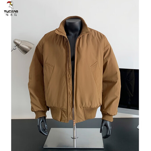 Woodpecker (TUCANO) American short stand-collar flight jacket men's winter fashion brand high street handsome baseball uniform cotton coat silhouette jacket black XL