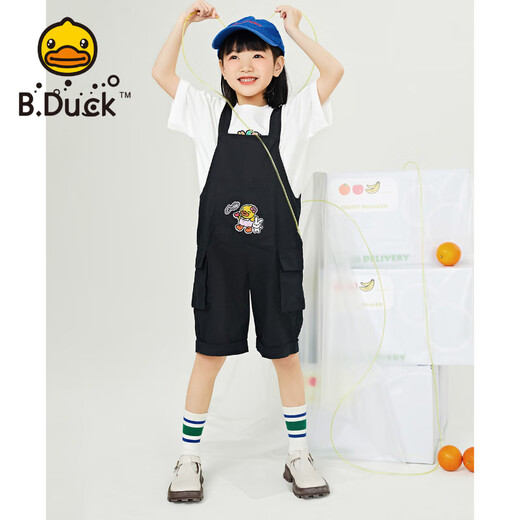 B.Duck小黄鸭童装女童背带裤儿童夏季纯色五分吊带裤BF235A7002黑色110cm
