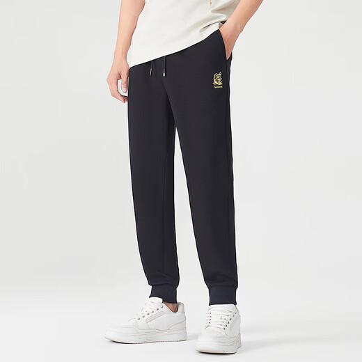 CABBEEN stretch slim fit CABBEEN gold thread embroidered summer loose legged sports pants and casual pants for men, coal black 01 L 175/50