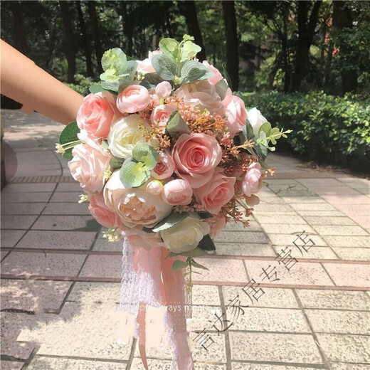 新款森系茶花苞仿真白色玫瑰花婚纱拍照摄影新娘结婚庆订婚手捧花 香槟16