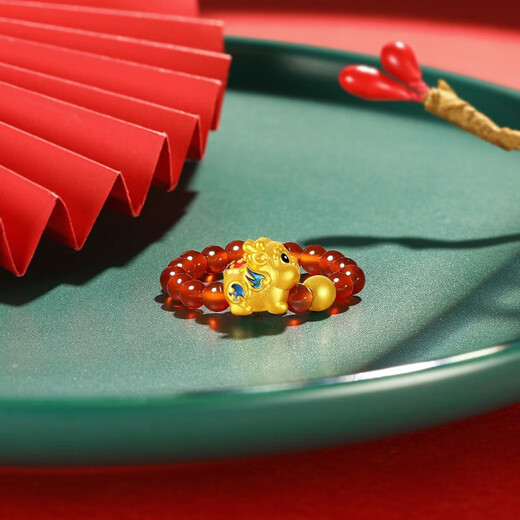 Chao Acer gold swallowing beast gold Pixiu red agate ring for women pure gold transfer beads beaded gift for women elastic cord adjustable about 12-15 rings