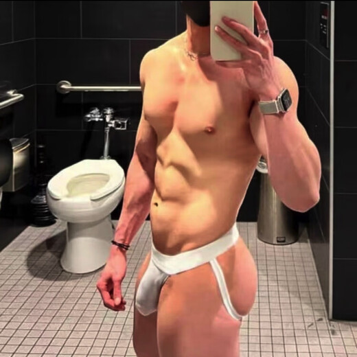 Men's underwear pure cotton large size sexy empty U convex bag elastic double genital underwear men's hip lifting high slit sports bear white XXL
