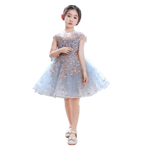 小咔衣浓女童礼服儿童生日公主裙蓬蓬纱花童婚纱高端女孩主持人钢琴演出服 1591蓝色前短后长 130