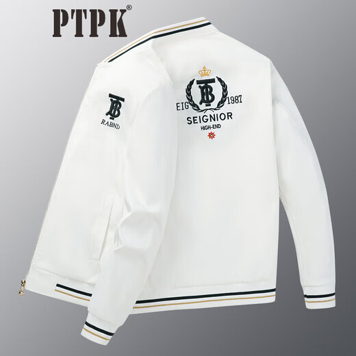 PTPK trendy brand embroidered bomber jacket men's slim spring and autumn new casual men's versatile baseball uniform jacket top white little bee J801 regular style M (recommended 105-120Jin Jin equals 0.5 kg)