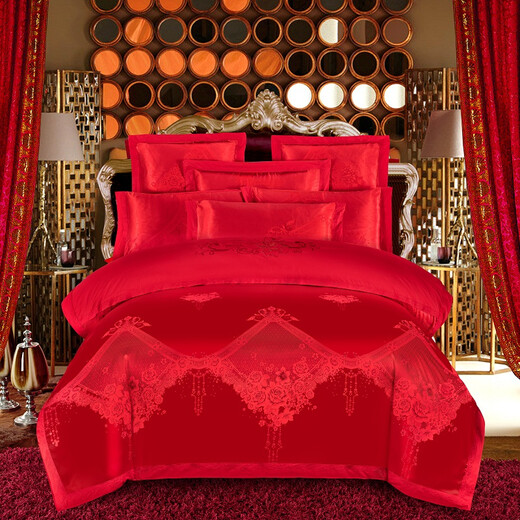 A gagné Ji Mariage à quatre pièces Big Red Litting Redding Nivelyweds Tribute Satin Jacquard Mariage de mariage Couverture de courtepointe 4 pièces lin lin pur coton entier coton blues romantique 1,5 m (Couverture de courtepointe 200 * 230)