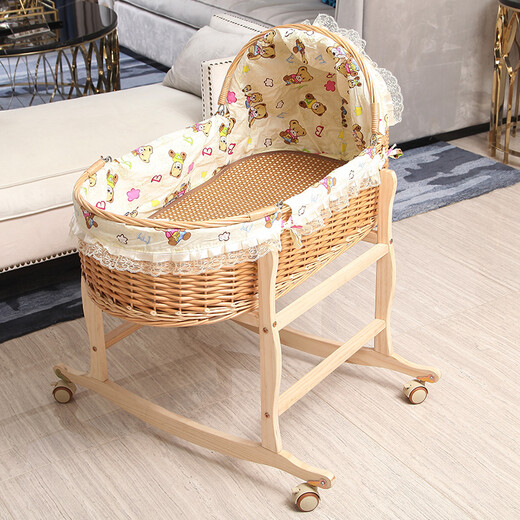 SENBIJU rattan crib newborn cradle portable hand basket car soothing crib baby bed cradle cradle 100 beige + wheel bracket 0-20 months