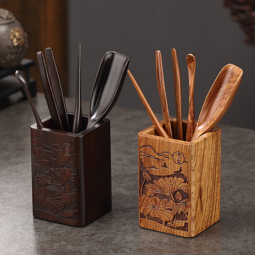 Jiutang Kungfu tea set accessories ebony solid wood tea ceremony Liujunzi tea single cylinder set tea making tools tea clip spoon needle set Huanghuali-lotus leaf fish carved square Liujunzi