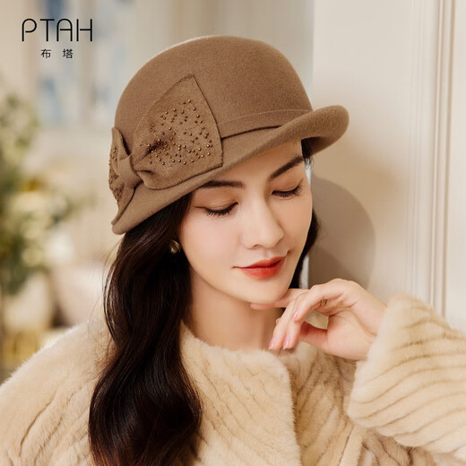 Buta autumn and winter hat women's retro hat wool felt hat beret shaped hat felt hat large bow sequins camel