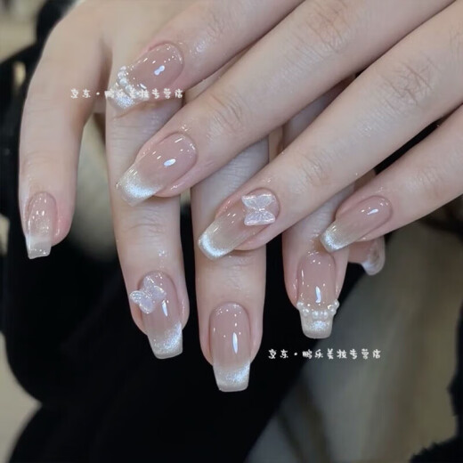 贞玥穿戴甲短款裸色晕染美甲甲片成品指甲贴假指甲 BY1049#银闪蝴蝶 1件 光疗穿戴工具包款