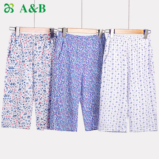 AB a&b内衣女士中老年睡衣睡裤宽松纯棉印花短袖汗衫妈妈家居服S722 蓝粉花-短袖套头 175/XXXL