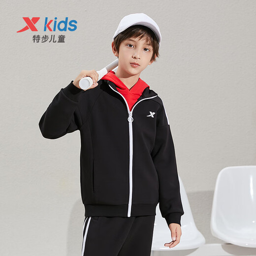 XTEP children's clothing, unisex, small, medium and large children's sports sweatshirts, fashionable casual knitted suits, pure black (men's style) 160 cm