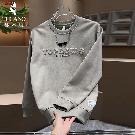 Мужская высококачественная толстовка Woodpecker, осень 2025, новый стиль, бархатный утолщенный универсальный модный пуловер, повседневный модный топ с длинными рукавами, темно-серый, рекомендуется XL 135-150Jin Jin, вес 0,5 кг.