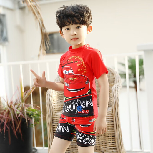 Zhidoudou Summer Boy Cartoon Badeanzug Kinder Split schnell trockener Sonnenschutz Medium-Big Kinder Cartoon Car Racing-Bewegung DXS-2677+Schwimmbrillen+Autoschuhe Bemerkungen Fuß Länge S All Size