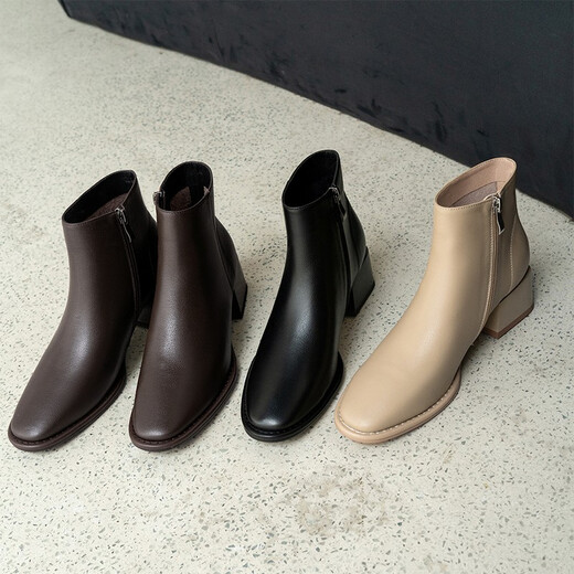 
Asacho autumn and winter cowhide single boots for women in women's temperament, slim mid-heel short boots for women ankle boots fashionable women's boots side zipper nude boots black (half-size) 40