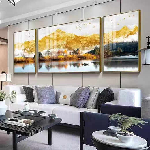 顺吉祥利轻奢客厅装饰画现代简约沙发背景墙挂画晶瓷镶钻画三联画壁画墙画 JD14137 左右35*50中70*50 晶瓷镶钻铝合金黑框