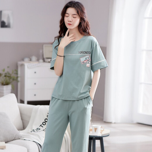 伴心乐（Banxinle）纯棉睡衣女夏季短袖长裤薄款可外穿半袖女生居家服夏天休闲女套装 7374-1# 女XXL/175